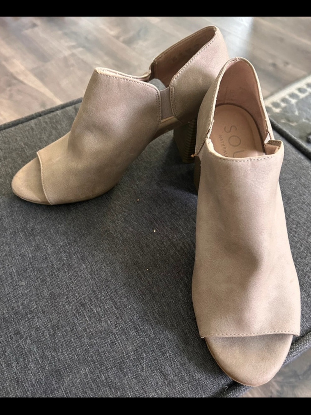 Sole Society Taupe Open-Toe Block Heel Mules